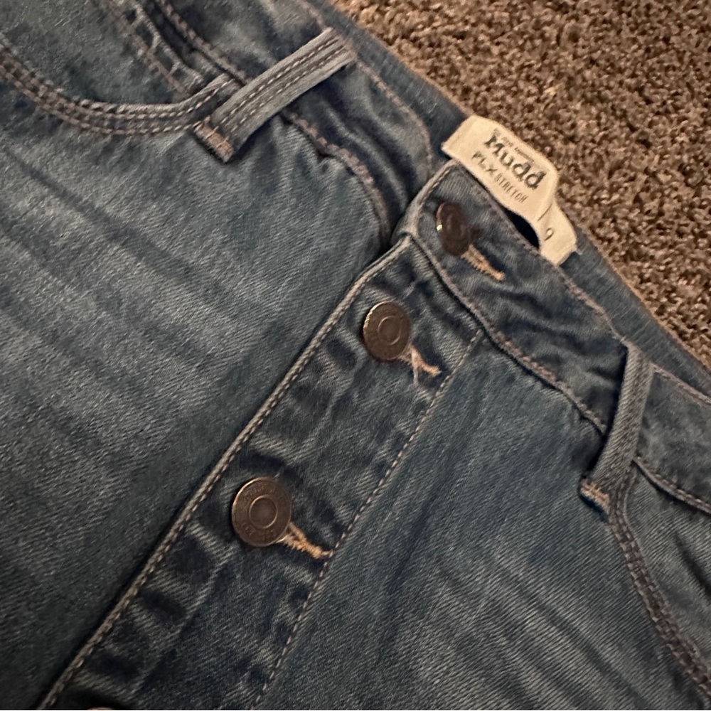 Mudd Button-Front Distressed Denim Skirt Raw Hem Blue Jean Stretch Size 9 Womens - Picture 3 of 7